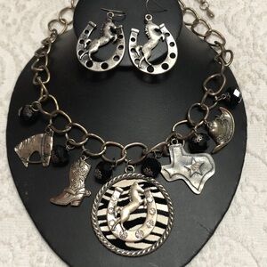 Necklace and Earrings Set Western Style Horses and Boots Silver Tone